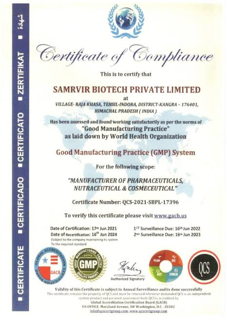Good Manufacturing Practices — Samrvir Biotech certificate