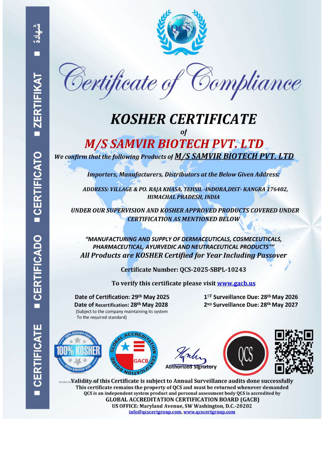 Kosher Compliance — Samrvir Biotech certificate
